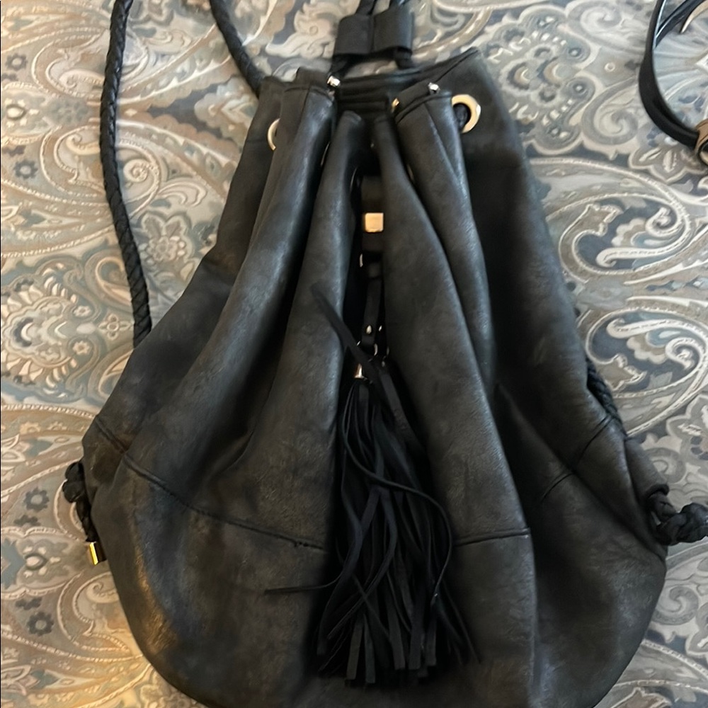 Black Leather Drawstring Bag